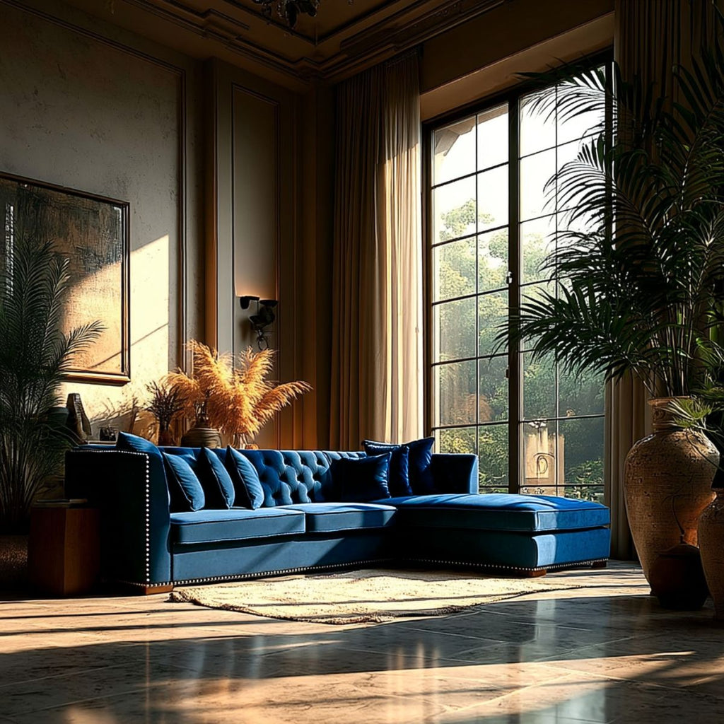Luxurious living room with a blue sofa, large windows, and decorative plants.