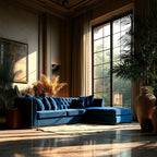 Luxurious living room with a blue sofa, large windows, and decorative plants.
