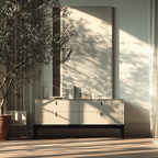 Modern interior with a dresser, potted plant, and large mirror.