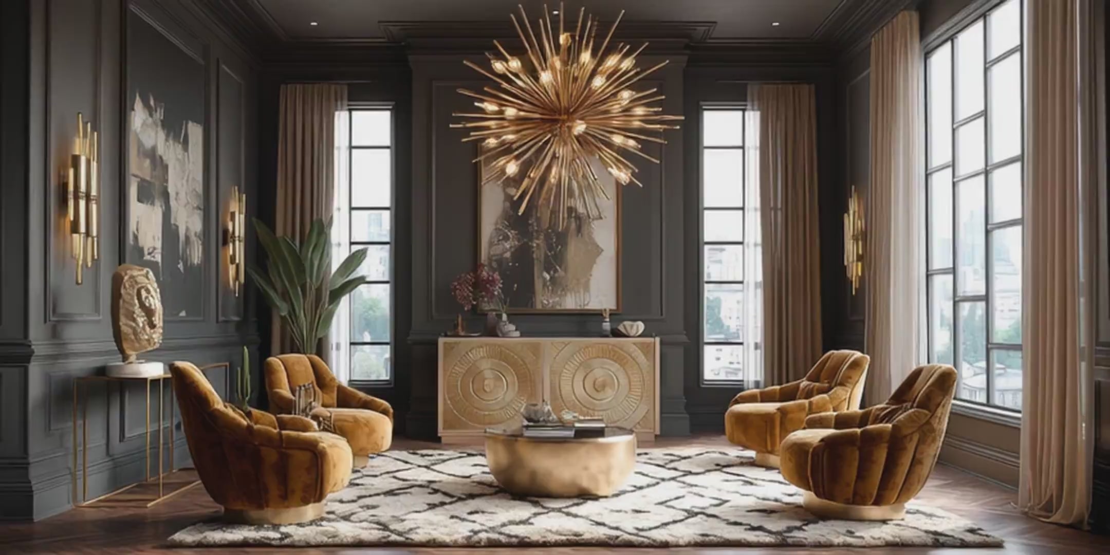 Living room with frenso sideboard gold