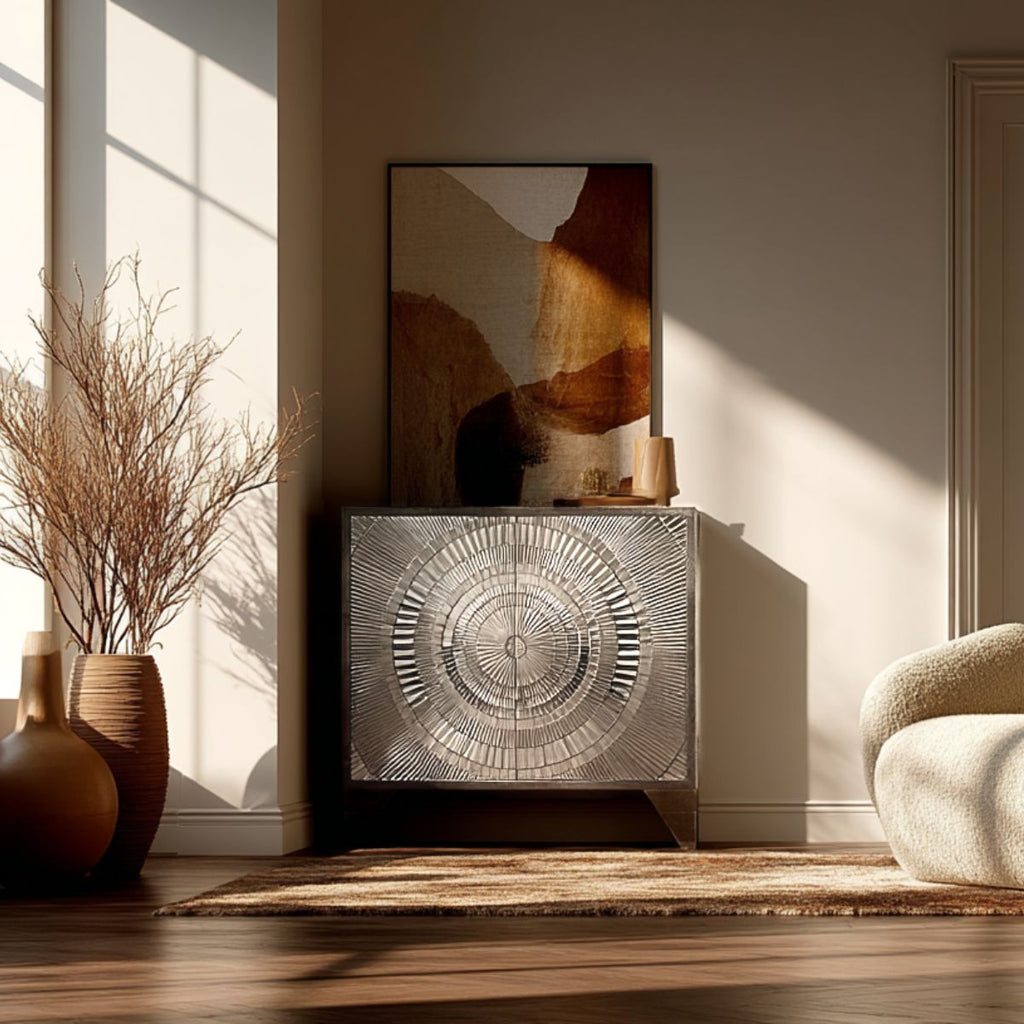 Decorative side table with abstract art in a sunlit room