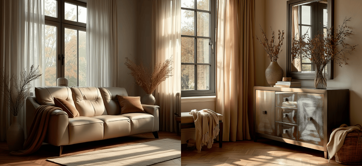 Cozy living room with beige sofa, decorative pillows, and a wooden sideboard.