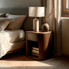 Wooden nightstand with lamp and books next to a bed in a bedroom.