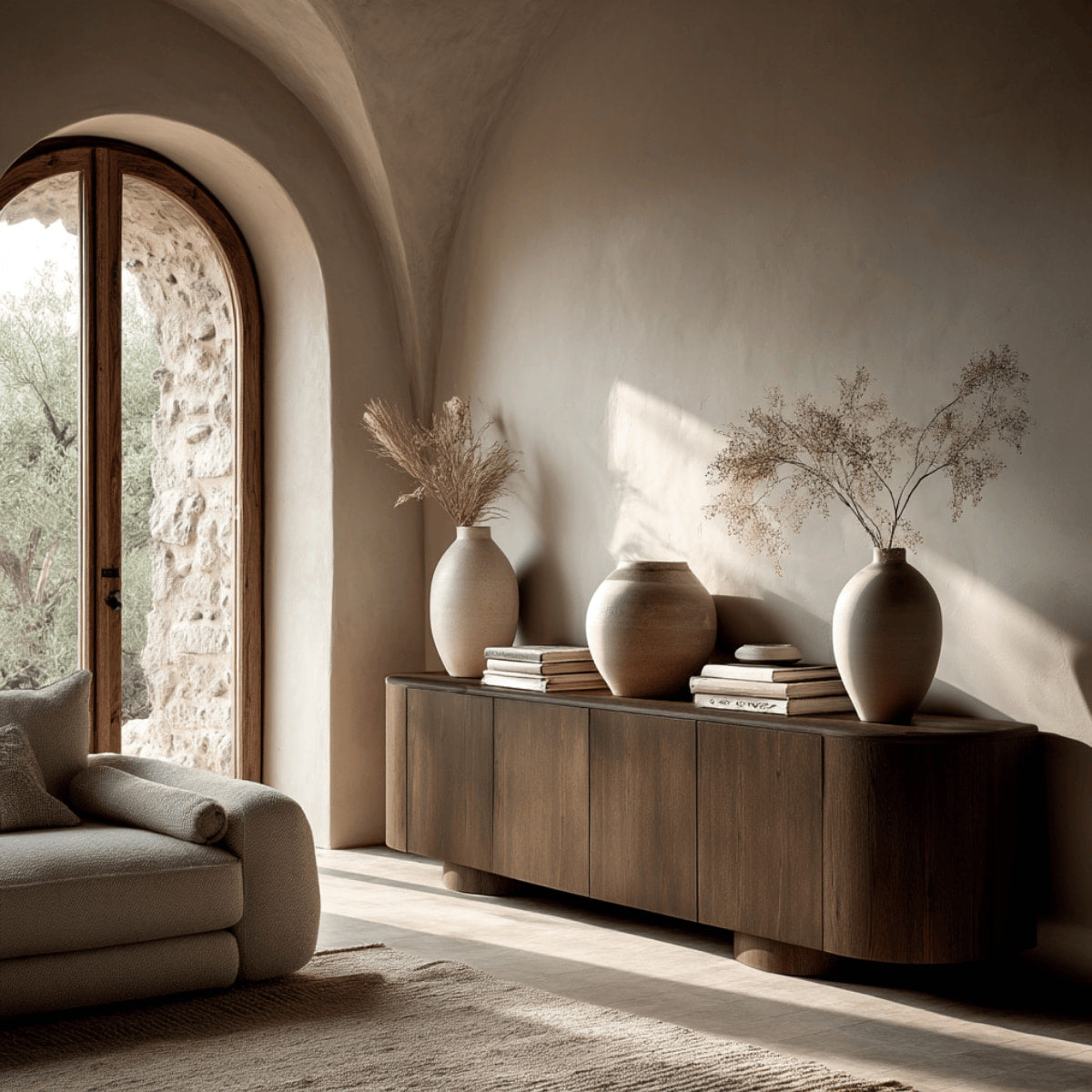 dark brown wooden 4 door oval sideboard