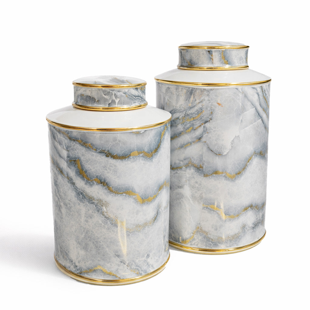 Pair of Lidded Jars - Blue and Gold