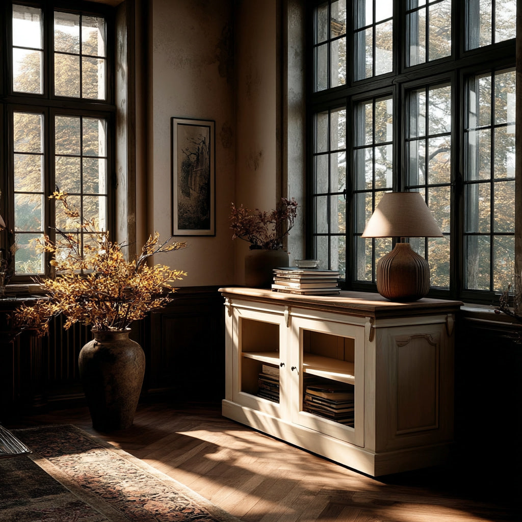 Nestled corner of a room with large windows, a white cabinet, and decorative items.