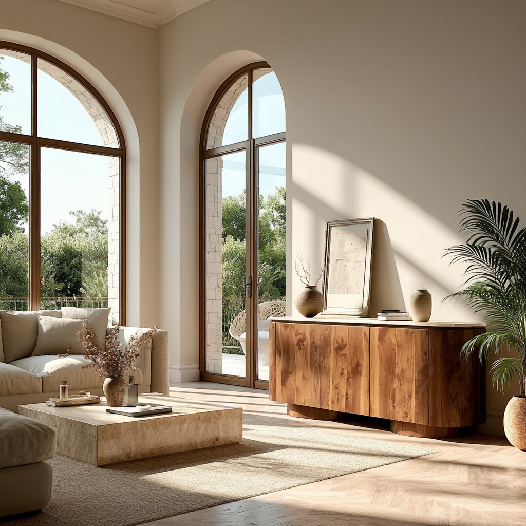 Modern living room with wooden cabinet, sofa, and decorative items.