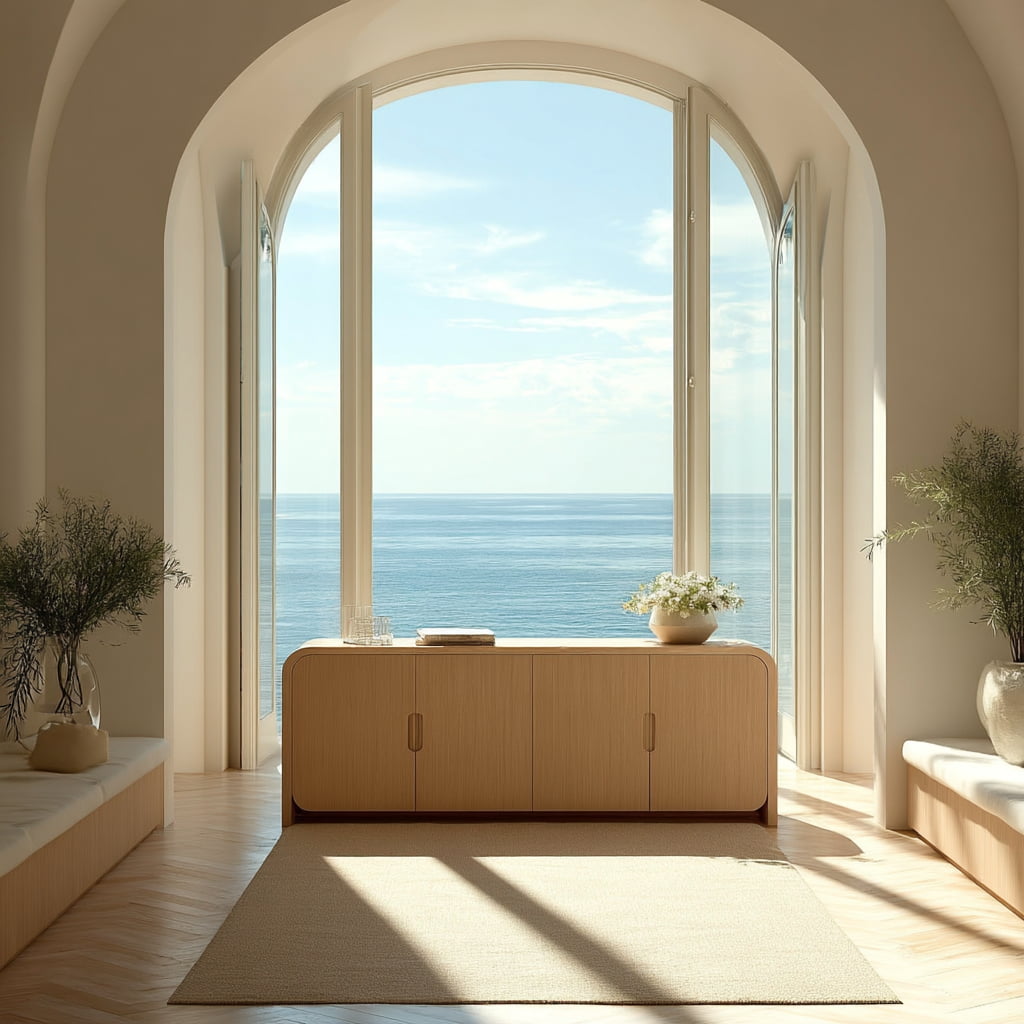 Modern interior with a large arched window offering a view of the ocean.