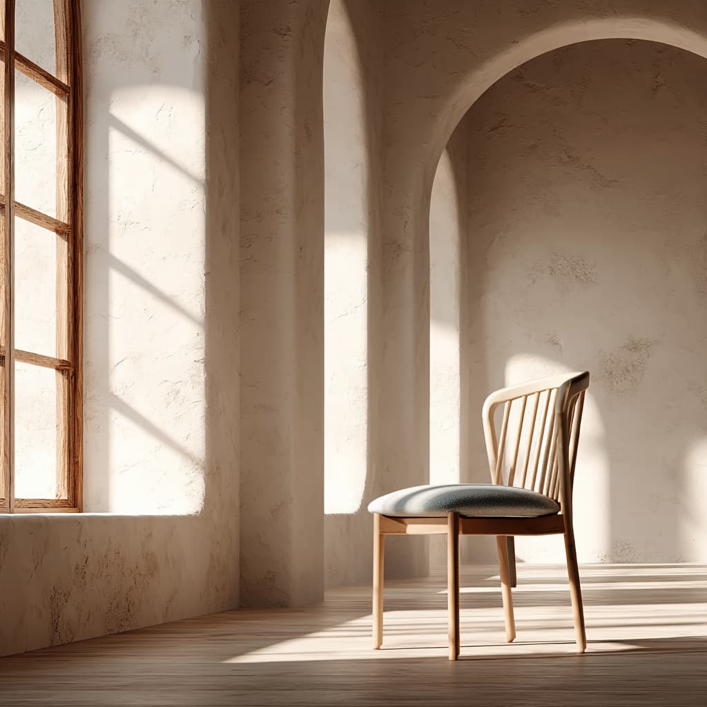 Chair in a sunlit room with arched columns