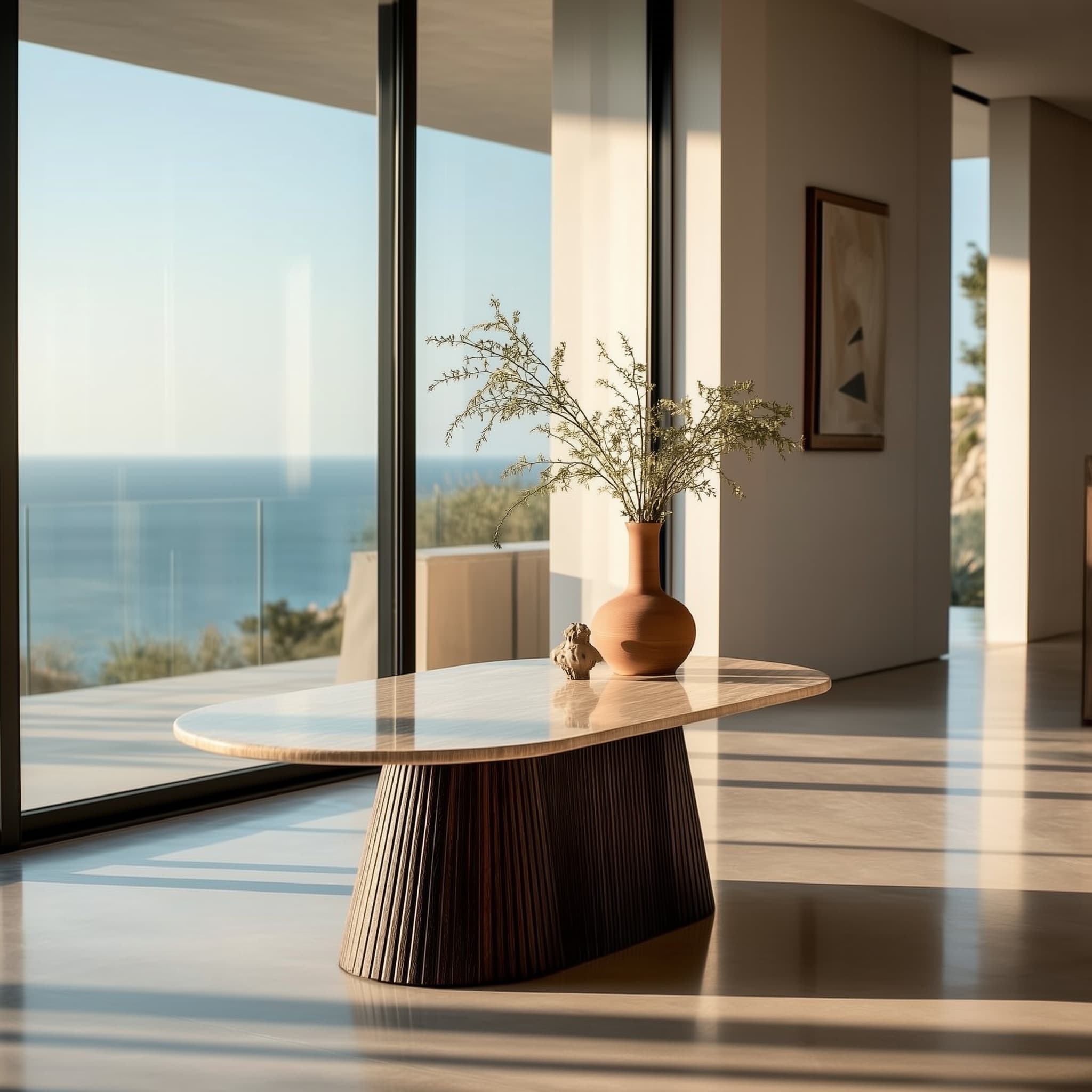 Modern interior with a large window view of the ocean, featuring a wooden table and decorative vase.