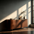 Wooden sideboard with decorative items in a room with sunlight streaming through a window.
