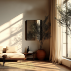 Modern living room with a mirror, vase, and plant near a window.