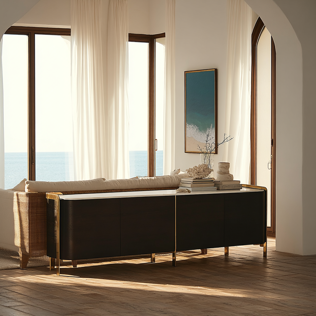 Modern living room with a black console table, beige sofa, and large windows overlooking water.