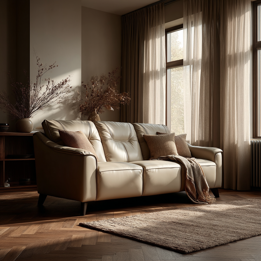 Naples Leather 3 Seater Cream Sofa