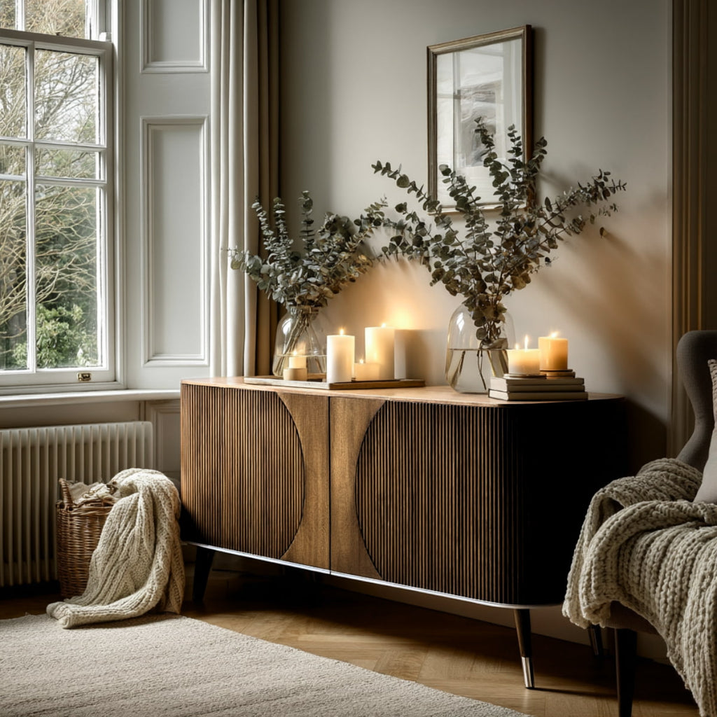 Living room with wooden sideboard, candles, and decorative plants.