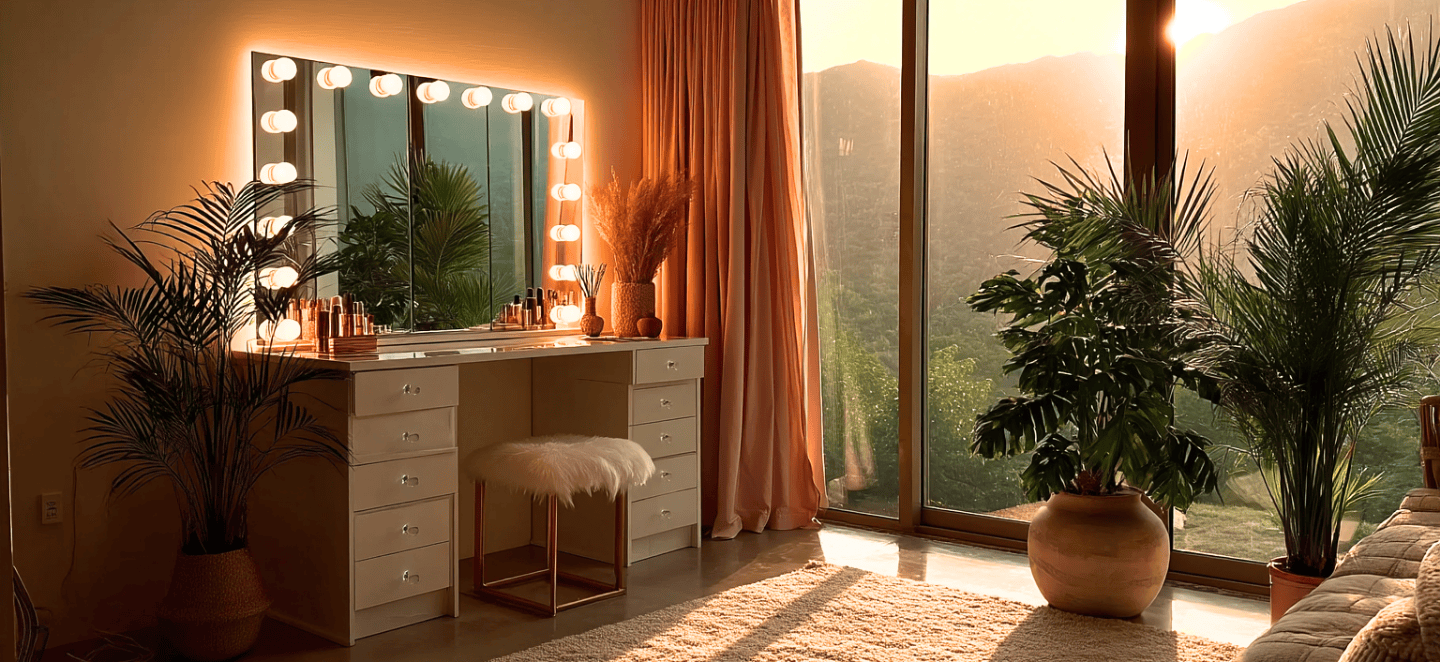 Bathroom vanity with lit mirror, plants, and a scenic view.